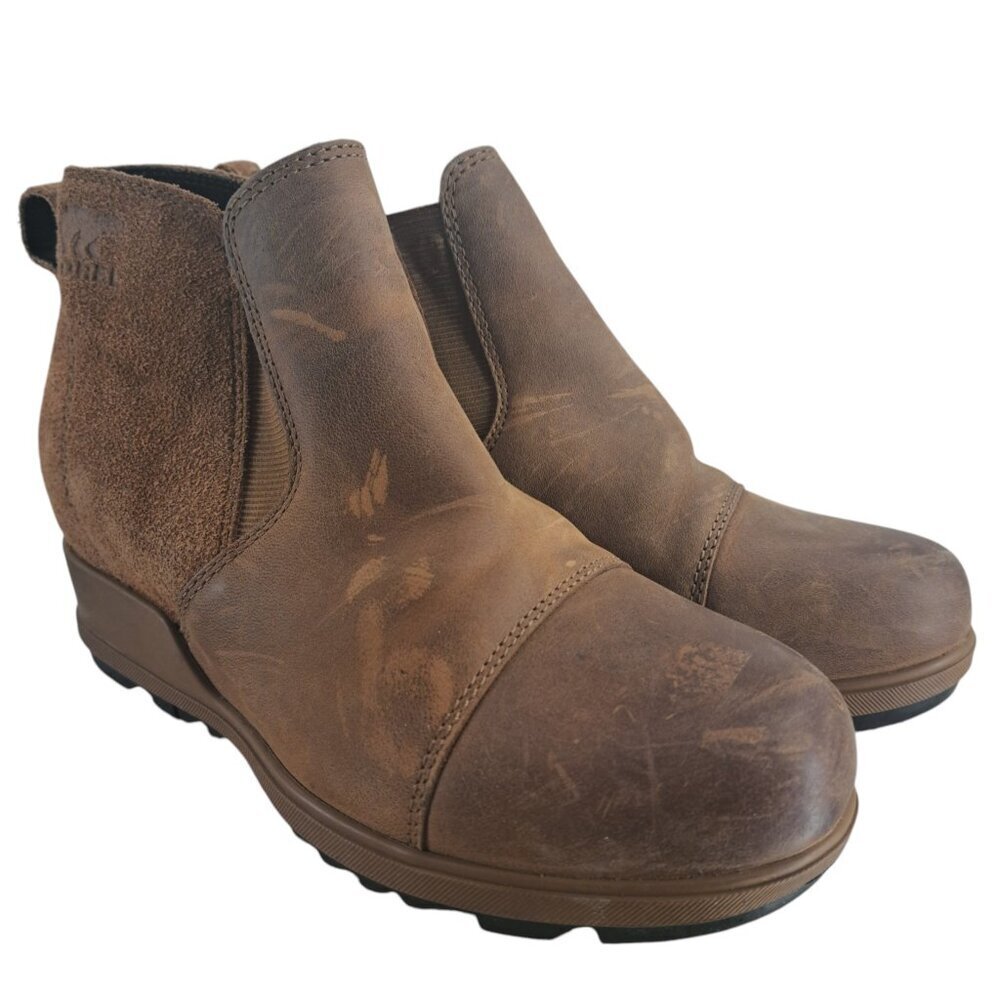Sorel Evie Pull On Brown Leather Wedge Boots Booties Size 7 Ankle Chelsea